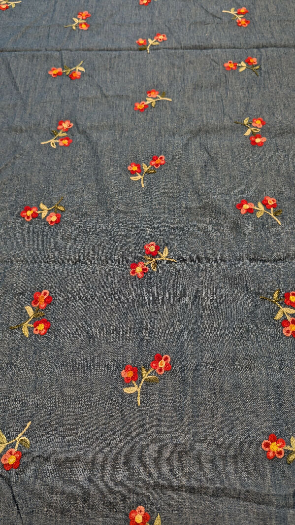 Medium Blue Floral Embroidered Chambray Woven Fabric REMNANT 61"W - 1 yd+