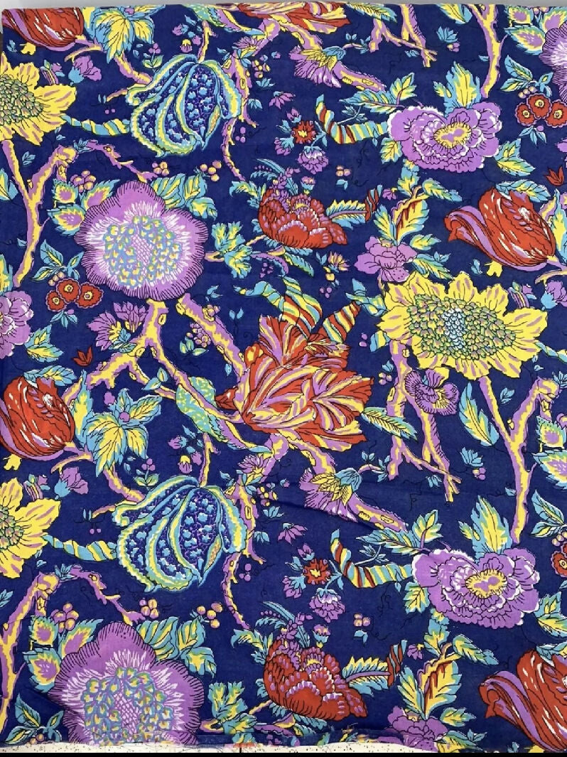 60s 70s Vintage Vibrant Bold Color Floral Muslin Cotton Fabric 3 yards +6" x44"