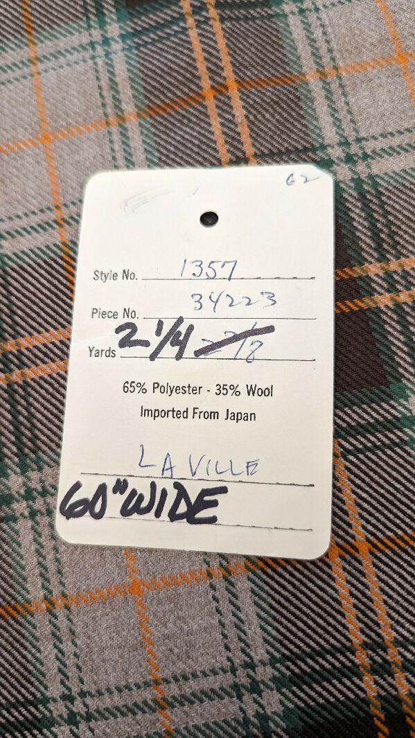 Vintage Blown/Tan/Orange/Green Tartan Plaid Wool Blend Suiting Woven Fabric 61"W - 2 1/4 yds