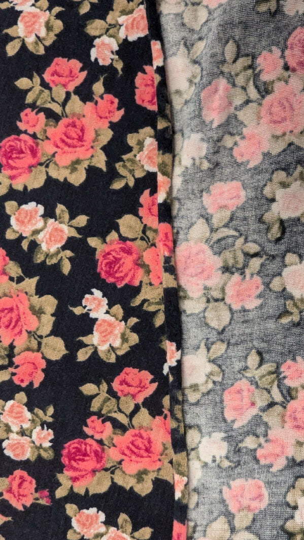 Black/Pink Floral Print Jersey Knit Fabric 60"W - 1 3/4 yds