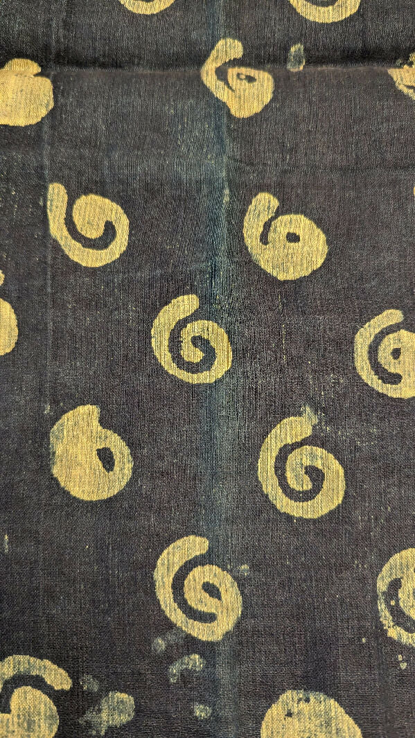 Midnight Blue Gold Spiral Hand Stamped Natural Woven Fabric 46"W - 3 yds+