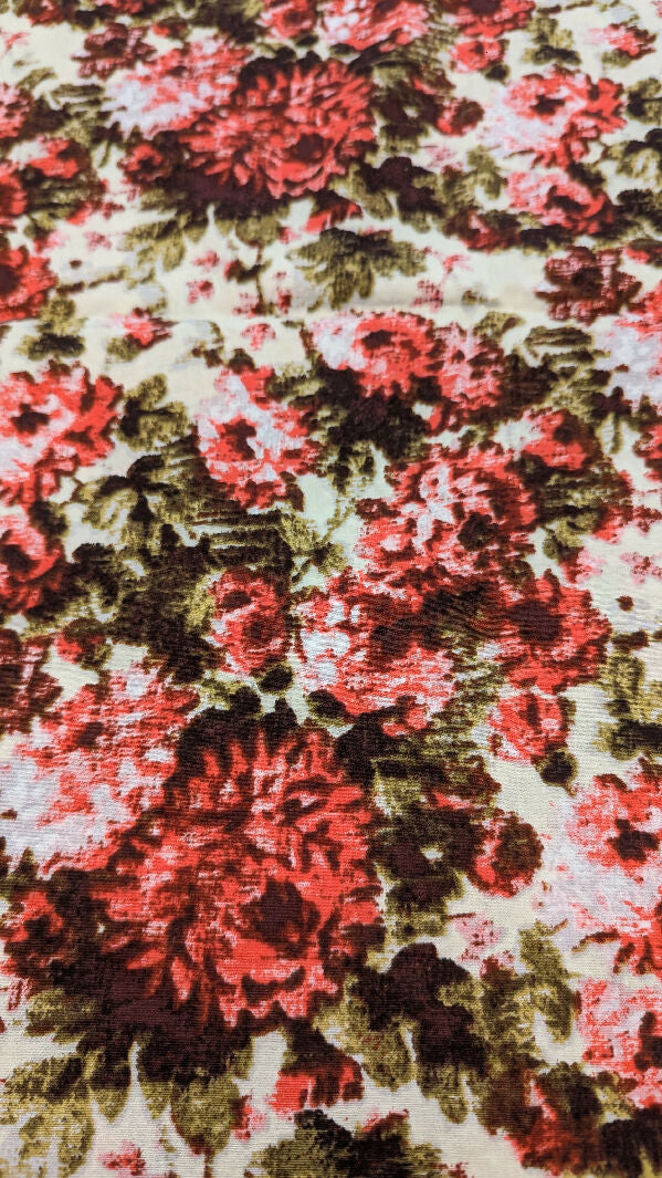 Coral/Dark Green/Ivory Tapestry Floral Print Stretch Cotton Shirting REMNANT 54"W - 2 yds