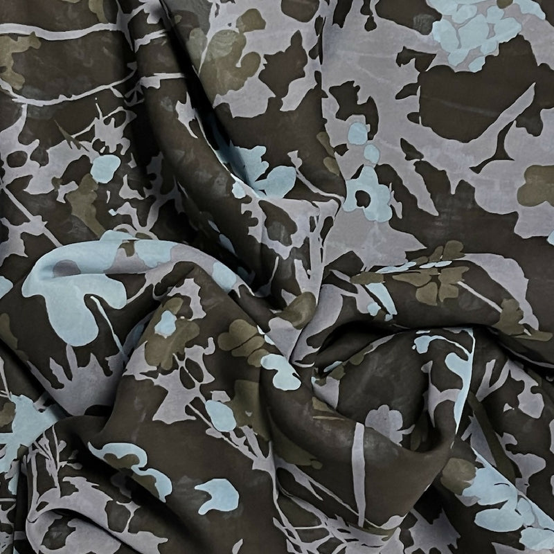 Black, Olive, Teal, and Gray Abstract 100% Silk Chiffon - 5 Yds