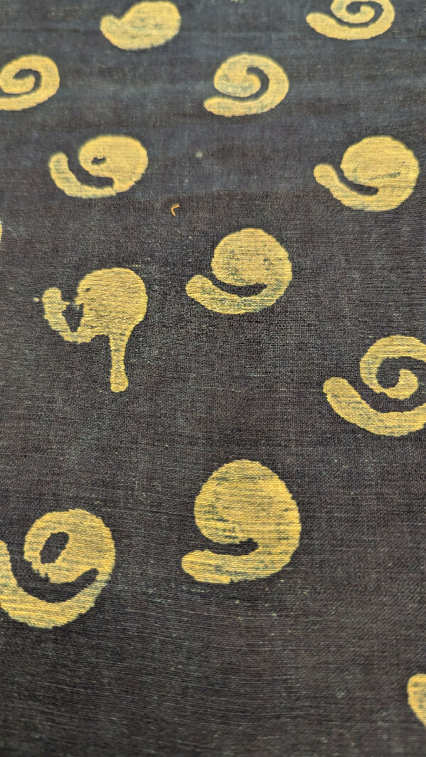 Midnight Blue Gold Spiral Hand Stamped Natural Woven Fabric 46"W - 3 yds+