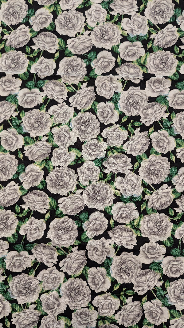 Gray Roses on Black Background Quilting Cotton Woven Fabric 46"W - 5 yds