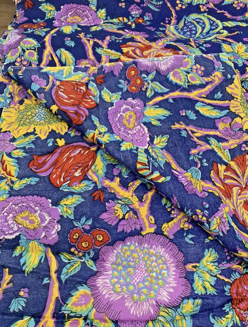 60s 70s Vintage Vibrant Bold Color Floral Muslin Cotton Fabric 3 yards +6" x44"