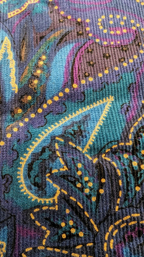 Vintage Navy Blue/Purple/Teal/Gold Paisley Print Cotton Corduroy Woven Fabric 43"W - 3 yds+
