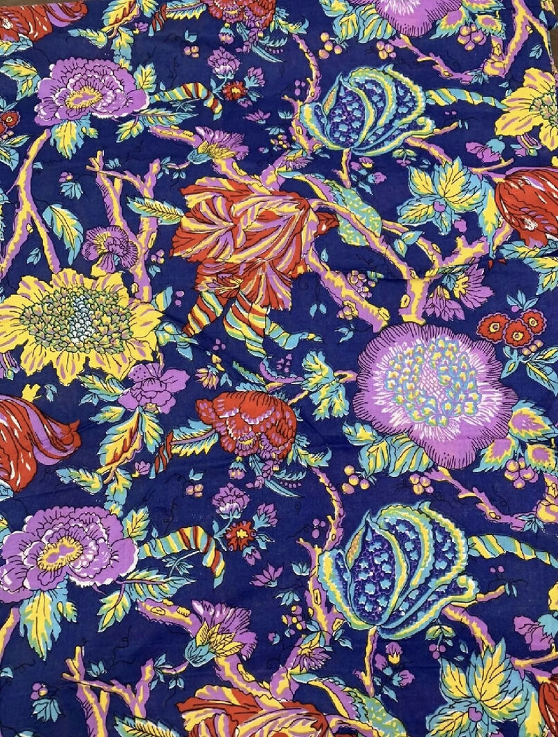 60s 70s Vintage Vibrant Bold Color Floral Muslin Cotton Fabric 3 yards +6" x44"