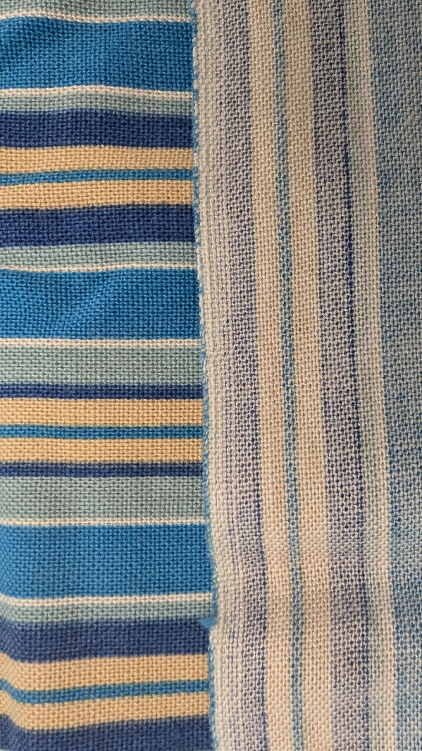 Teal/Navy/Pale Yellow/Sage/White Stripe Canvas Woven Fabric 38"W - 1 1/2 yd+