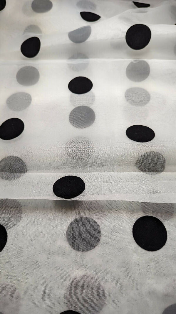 Vintage White & Black Jumbo Flocked Polka Dot Chiffon Woven Fabric 49"W - 5 1/2 yd+