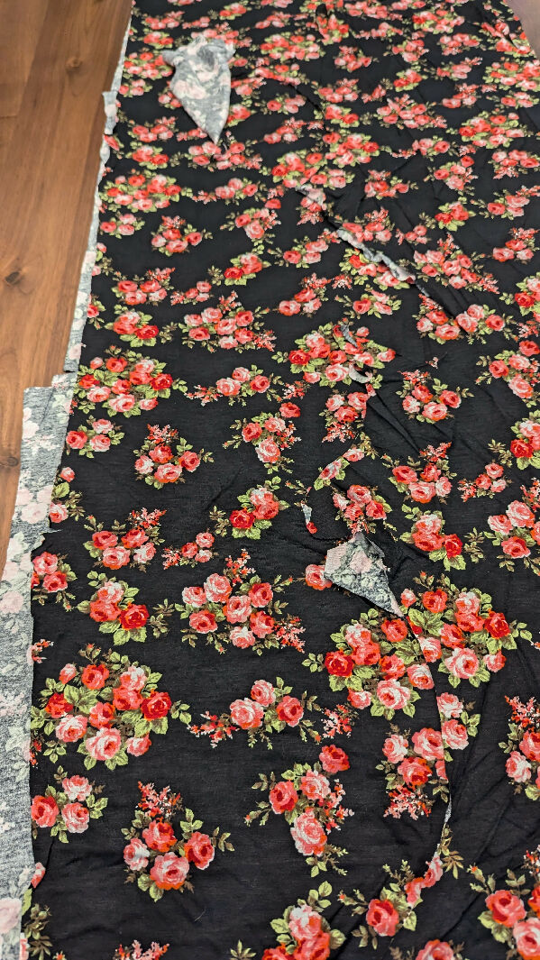 Black/Pink Floral Print Cotton Jersey Knit Fabric REMNANT 21"W - 2 1/4 yds+