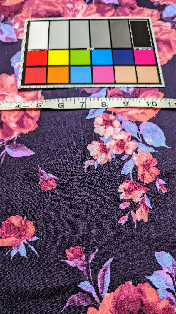Eggplant Multicolor Floral Print Double Brushed Polyester Knit Fabric 60"W - 1 yd