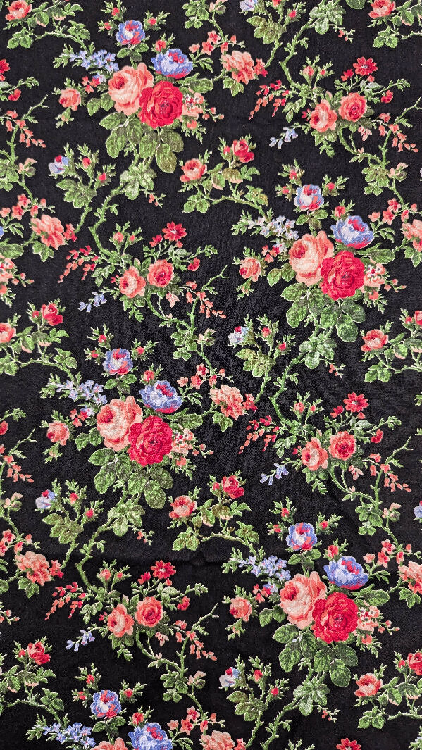 VTG Black Floral Print Cotton Woven Fabric 36"W - 2 1/4 yds