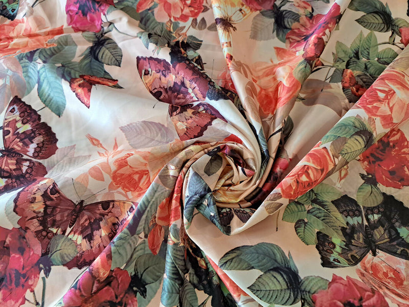 Peach Polyester Satin with Large Butterfly and Floral print - 4+ yards
