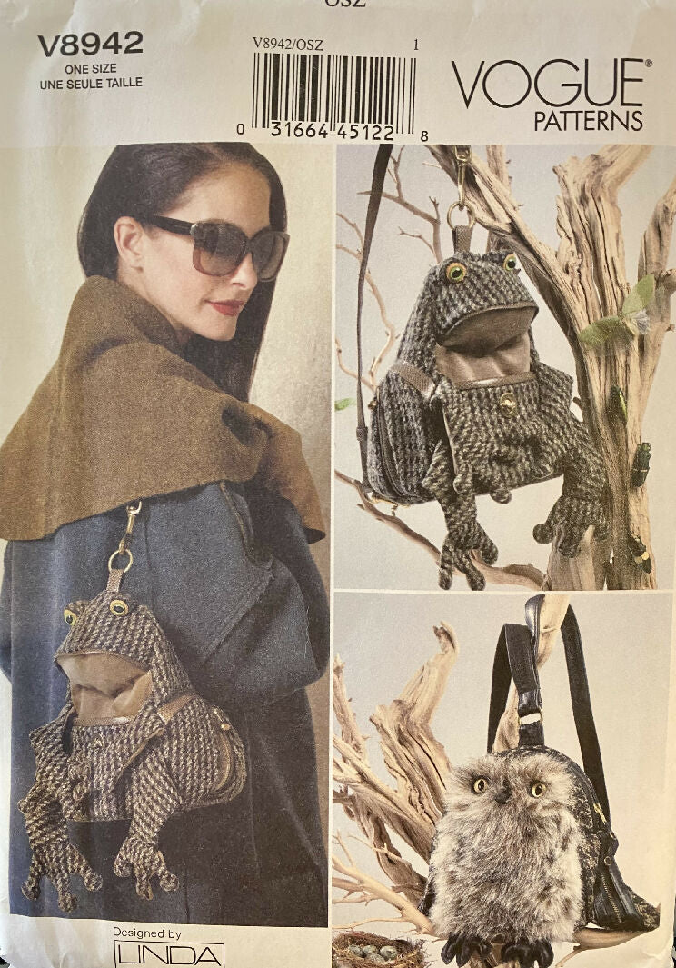 Vogue 8942 Frog and Owl Bags Sewing Pattern