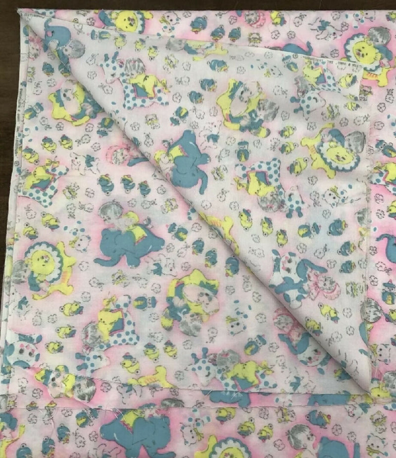 Vintage 70s/80s Nursery Baby Flannel Fabric Pink Blue Yellow Baby Animals 2 Yards