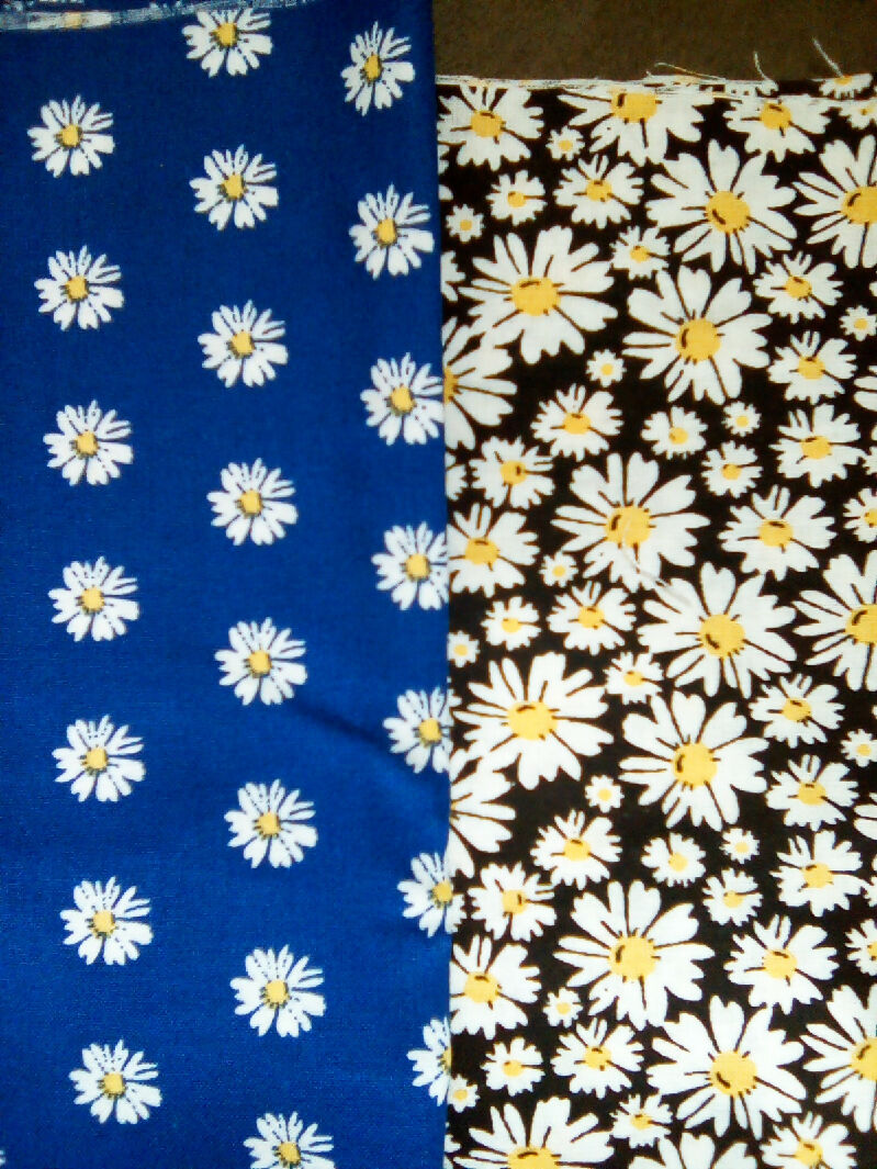 Cotton material, blue, green, black, pink, daisy designs, 9in x 43in all 8 pieces, fabric