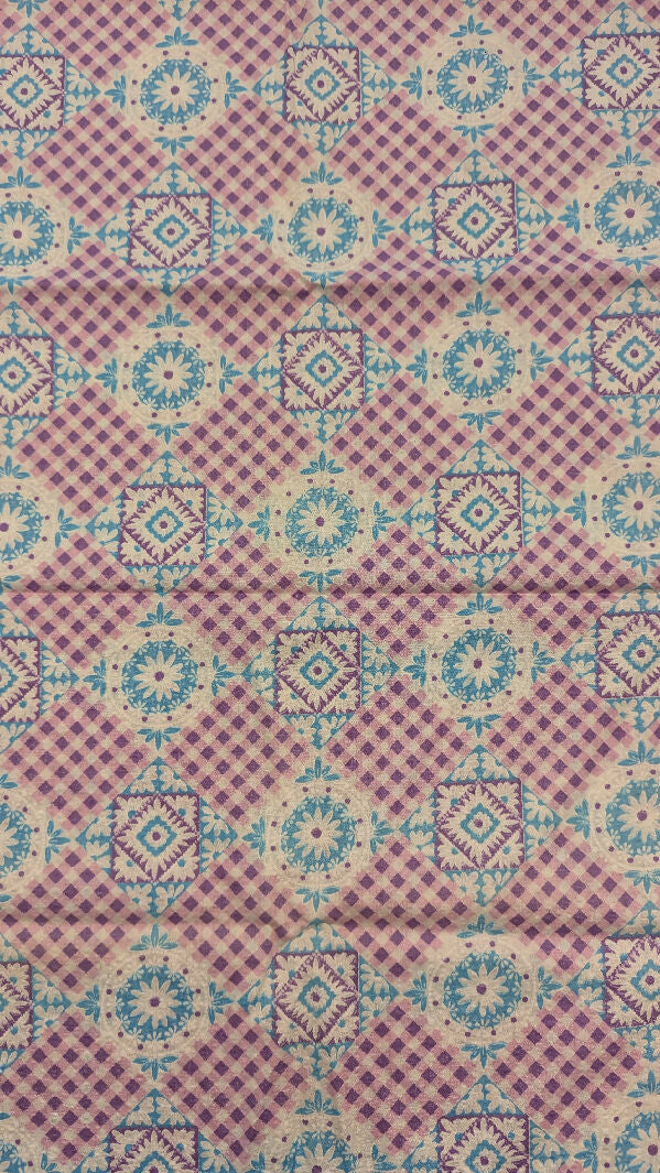 VTG Gingham Floral Medallion Seersucker Cotton Woven Fabric 44"W - 1 1/2 yds+