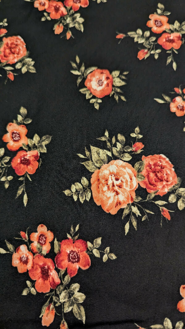 Black Floral Print Double Brushed Polyester Knit Fabric 61"W - 2 1/4 yds+