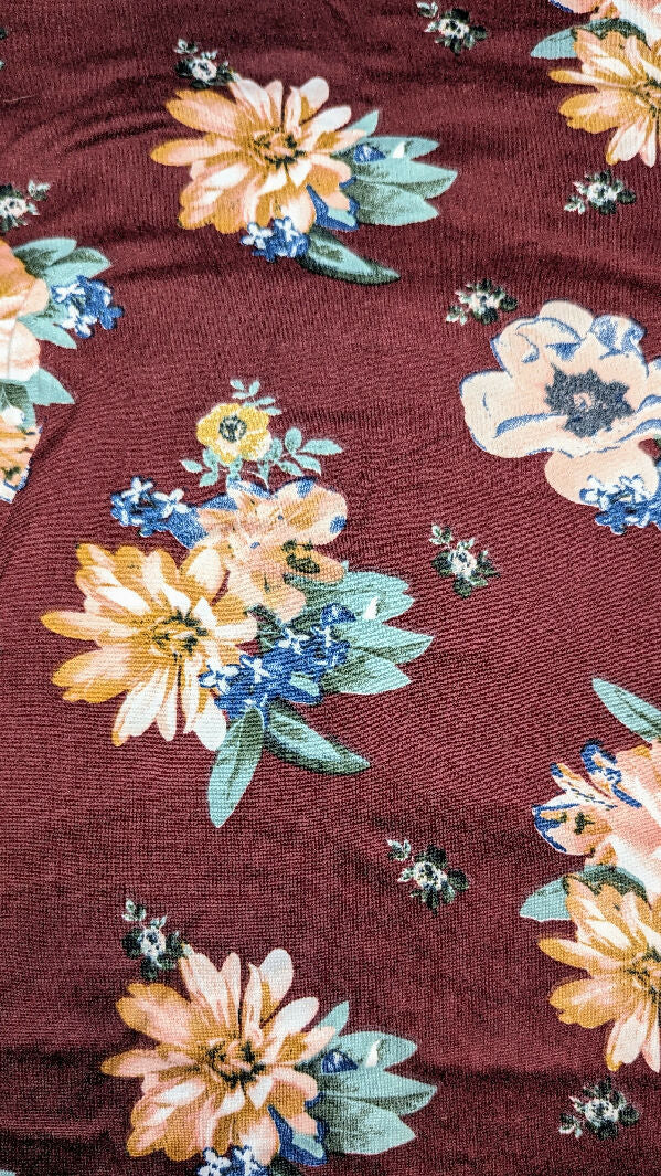 Maroon Multicolor Floral Print Double Brushed Polyester Knit Fabric 50"W - 2 yds