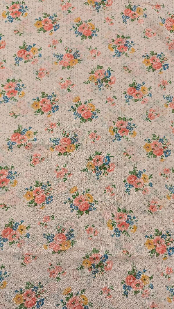 VTG Pink Floral Bouquet & Dots Cotton Voile Woven Fabric 44"W - 1 3/4 yds