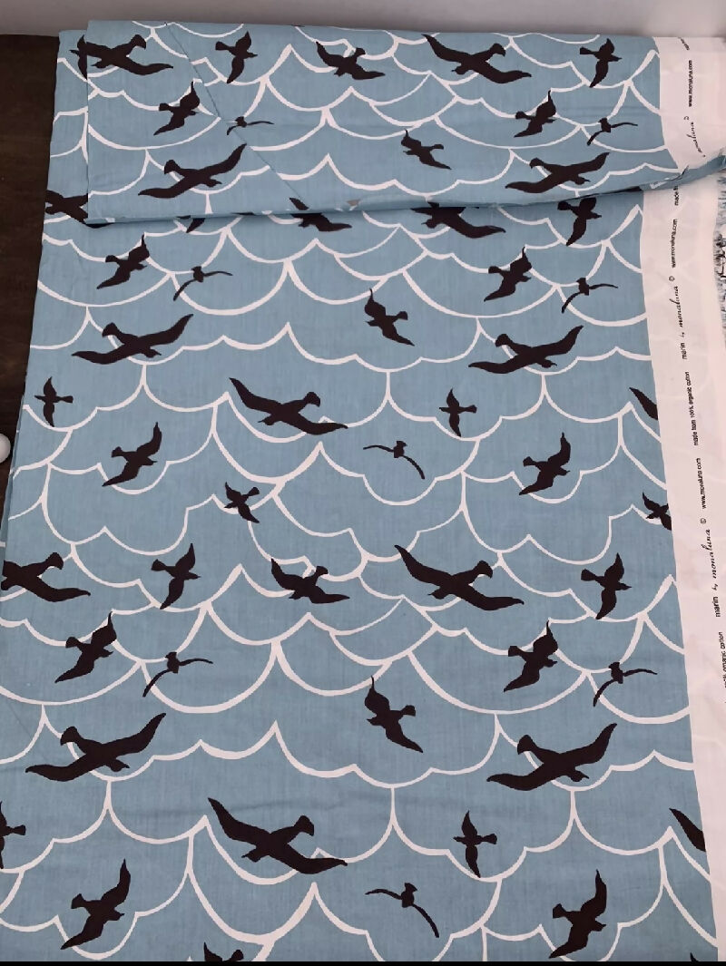 Monaluna Fabric Marin Bird Sky Blue Print 100% Organic Cotton 5 yards x 44 Wide