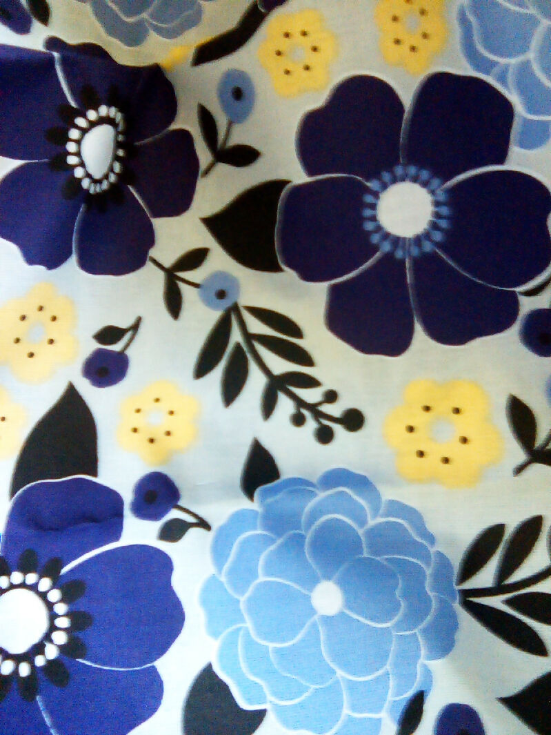 Cotton material, flower design, 22" x 44", purple, blue, yellow color