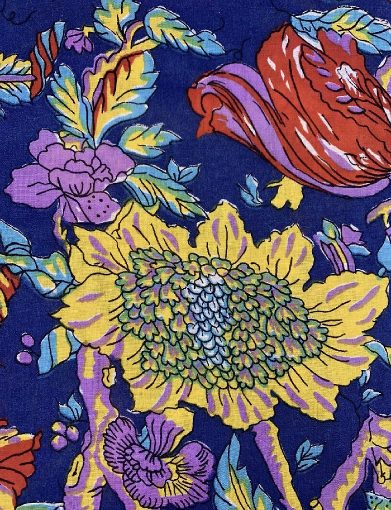 60s 70s Vintage Vibrant Bold Color Floral Muslin Cotton Fabric 3 yards +6" x44"