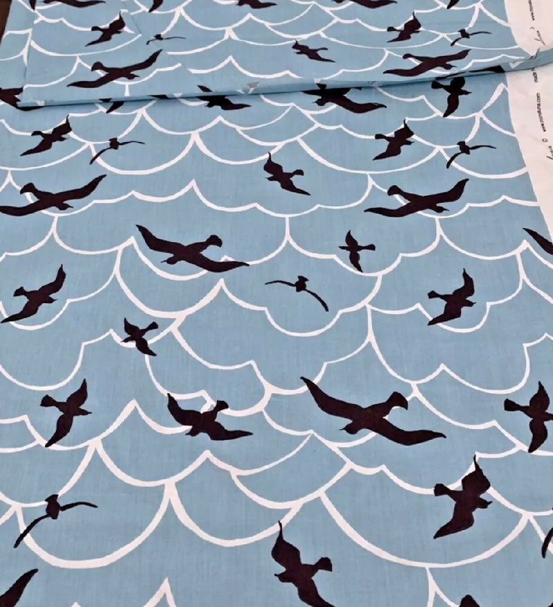 Monaluna Fabric Marin Bird Sky Blue Print 100% Organic Cotton 5 yards x 44 Wide