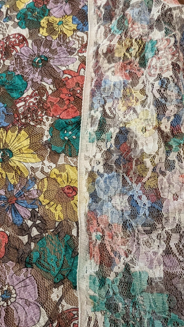 White/Pink/Blue/Yellow/Green/Gray Floral Print Stretch Lace 59"W - 1 yd+