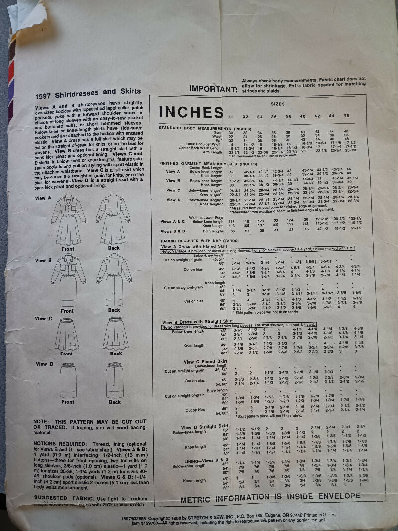 Vintage 1988 Stretch & Sew pattern 1597, Shirtdresses and skirts