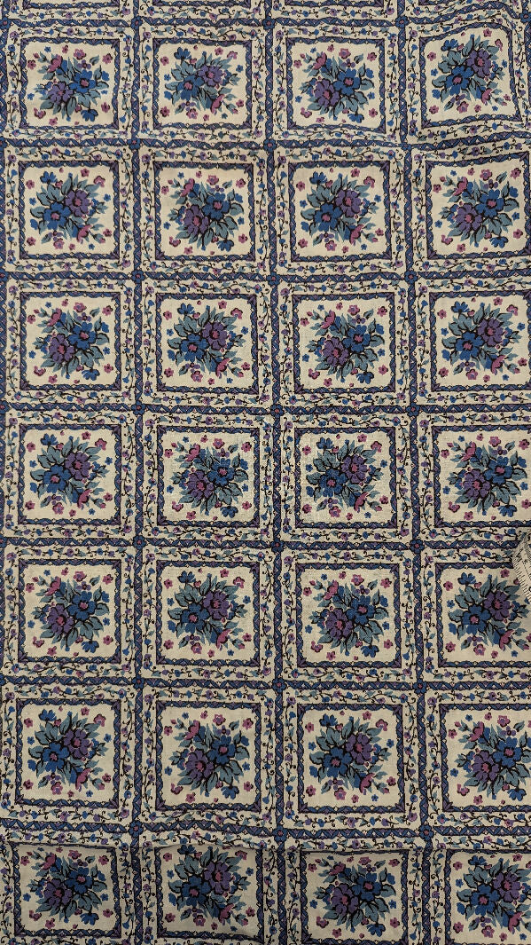 VTG Blue/Purple/Mauve/White Floral Grid Print Cotton Woven Fabric 36"W - 5 1/4 yds+