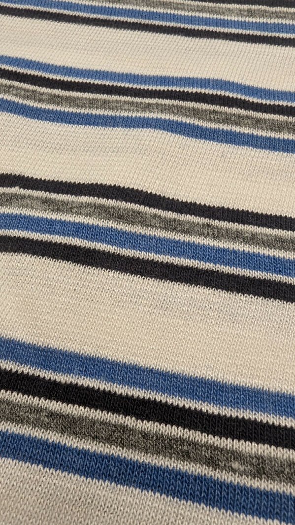 Off White/Heather Gray/Slate Blue/Black Striped Light Weight Sweater Knit Fabric 62"W - 1 3/4 yds