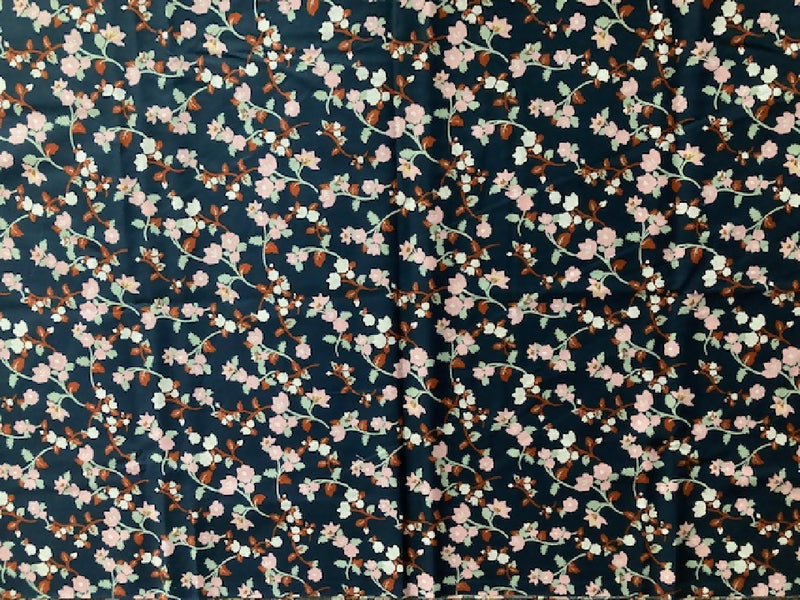 cotton material, flower design, navy blue with pinkish flowers in color, 36" x 44"
