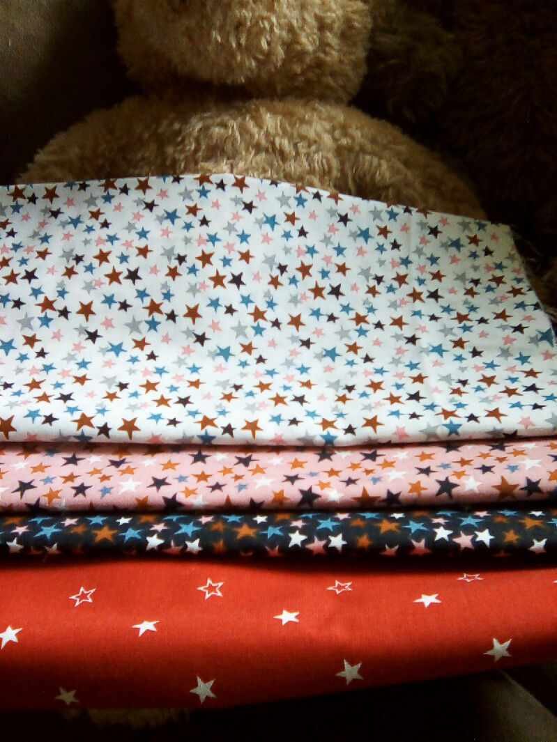 Cotton material, star designs, white, pink, red, blue colors, 9" x 43"