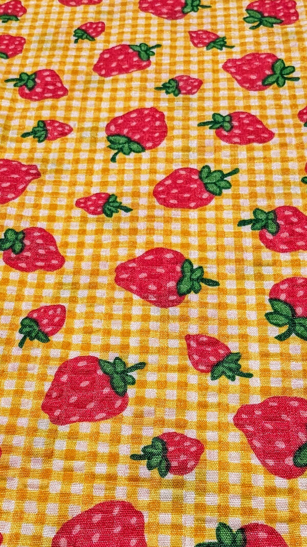 Mustard Yellow/White Gingham Strawberry Print Seersucker Woven Fabric 45"W - 2 yds