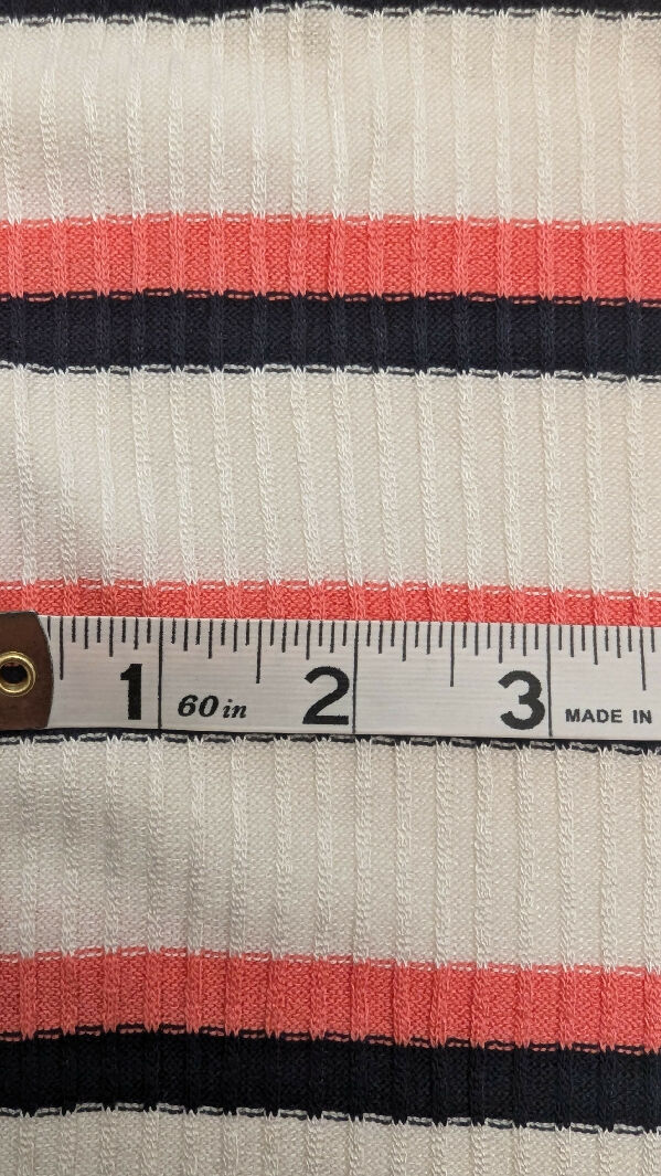 Salmon Pink/Black/Ivory Striped Rib Sweater Knit Fabric 48"W - 2 yds