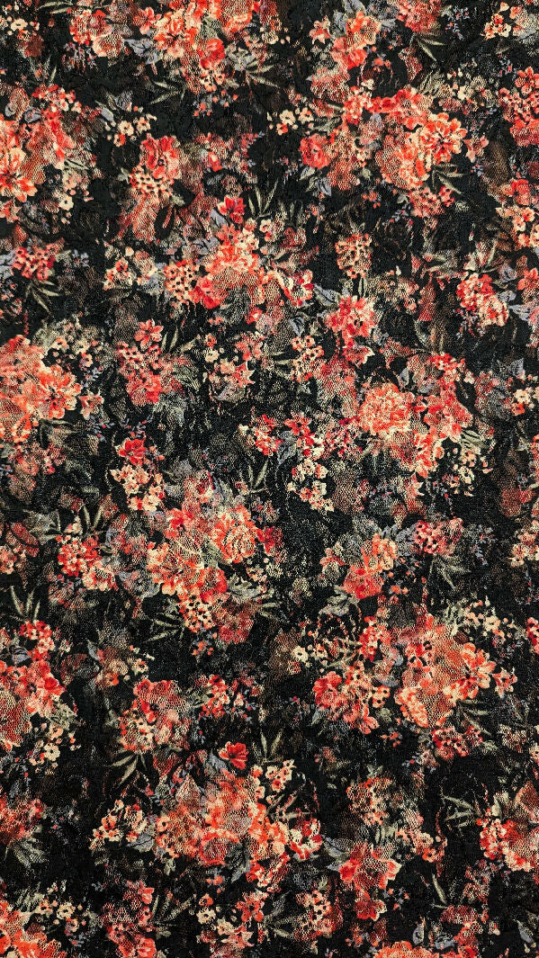 Black/Red/Pink Floral Stretch Lace 60"W - 1 yd