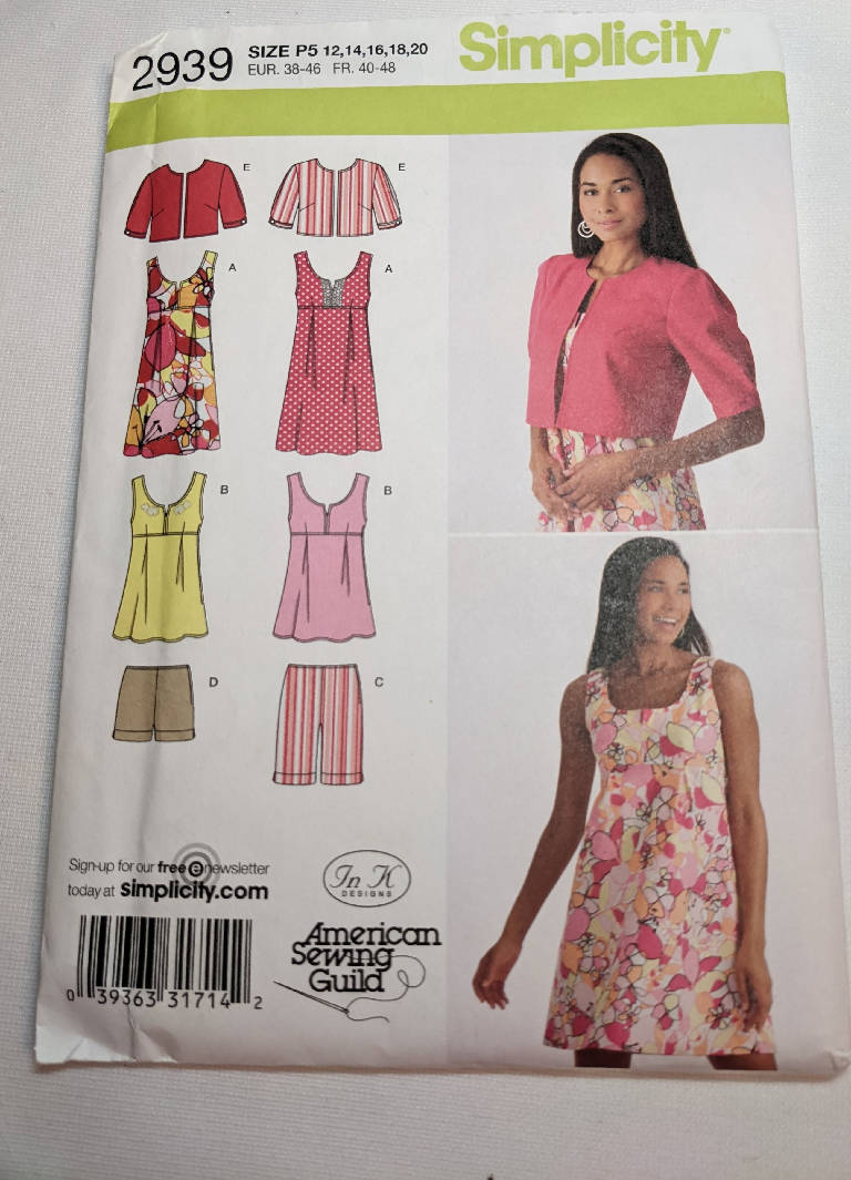 Simplicity 2939 Top, Dress, Jacket, Shorts in sizes 12-20, Uncut, Factory Folded