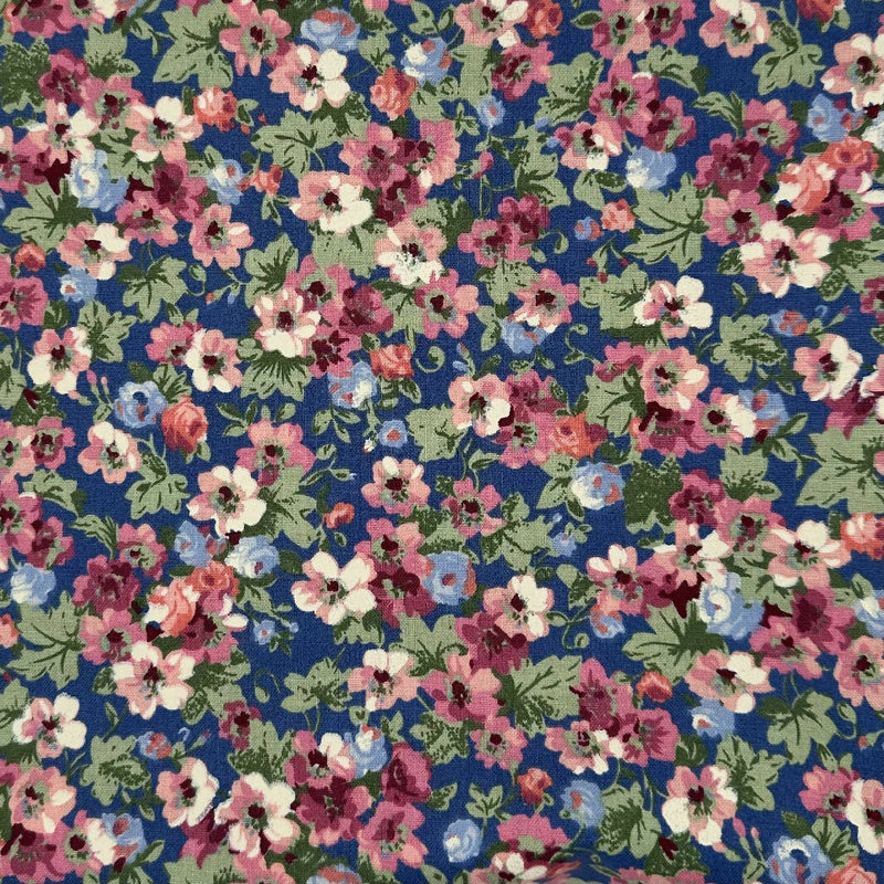 Quilting Fabric, 1 yard Floral, blue background, pink and white flowers