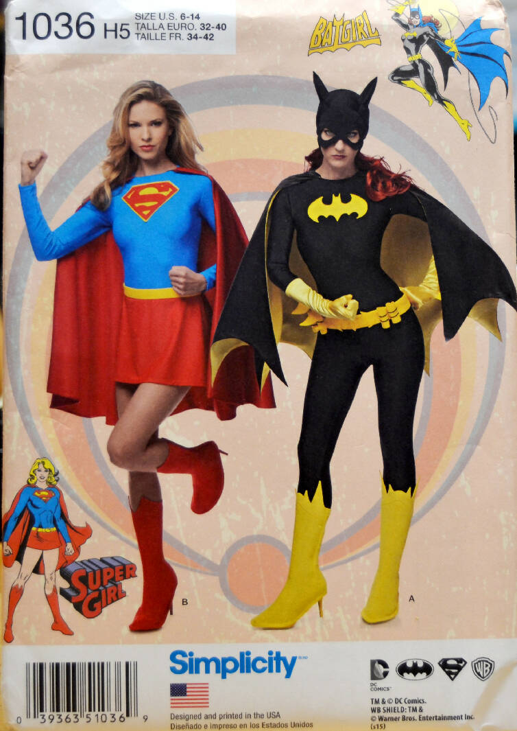 Simplicity 1036 Sizes 6-14 Supergirl & Batgirl Costume Sewing Pattern DC Comics