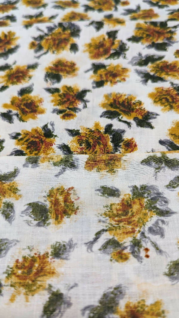 Vintage Painterly Yellow Roses Cotton Woven Fabric 35"W - 1 yd