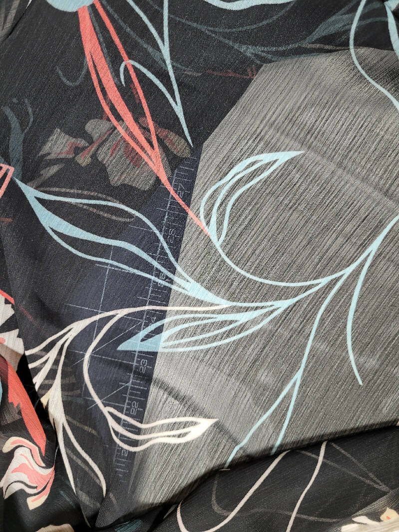 Yoryu black/coral/off white chiffon fabric - 4 yards