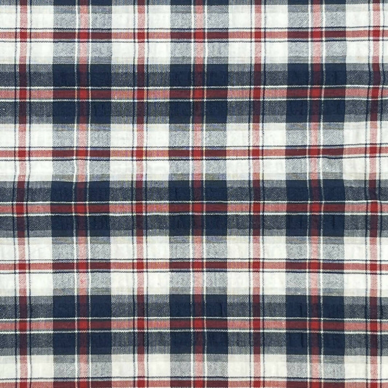 Red, White, and Navy Blue Plaid Yarn Dyed Textured Cotton Woven - 2 Yds