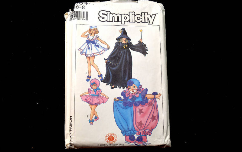 Vintage 1988 Simplicity 8834 Costume Sewing Pattern - Girls Sizes 6-8 - Clown, Baby Doll, Witch, Sailor