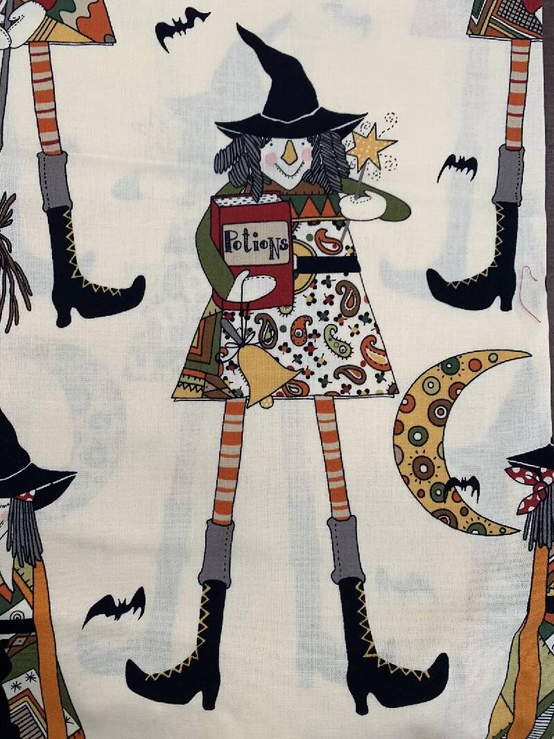 Alexander Henry Fabric 2008 Witches In Stitches 1.5 Yards Cream Bats Cats Halloween