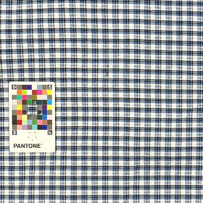Blues and White Plaid Textured Cotton Shirting - 3.5 Yds