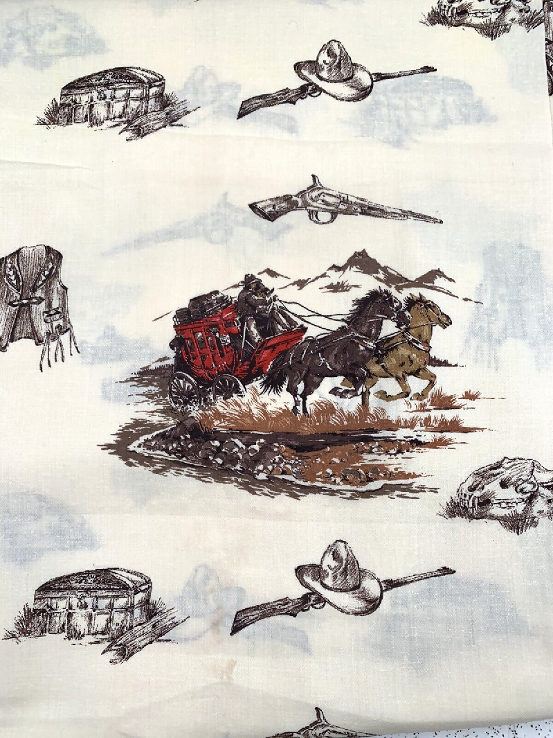 Vintage Wild West American Cowboy Stagecoach Woven Fabric Print 5 yards x 44" w
