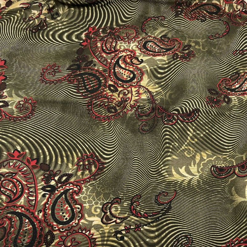 Dark Olive and Red Paisley Synthetic Jersey -1.25 Yds