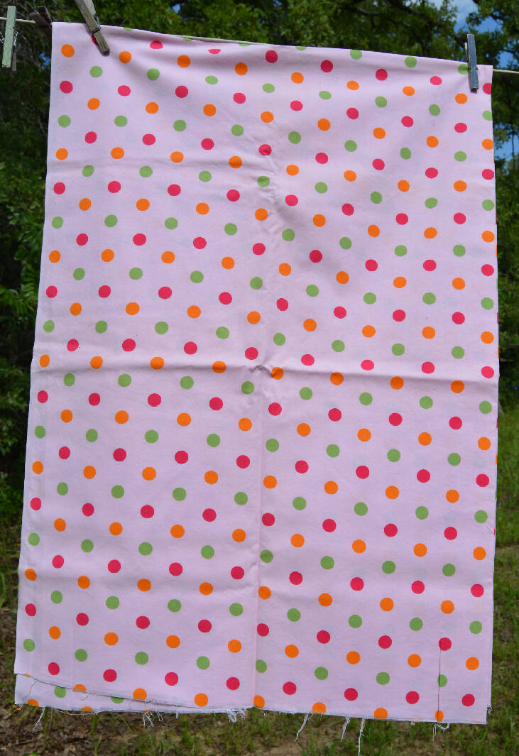 1.75 yards pale pink cotton fabric w/ bright polka dots 45" wide